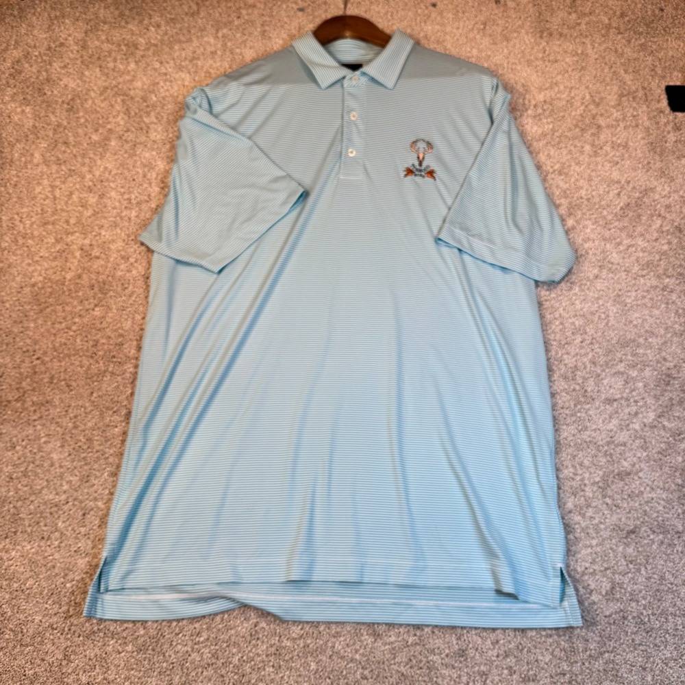 Dunning Golf Mens XL Polo Shirt Blue White Stripe Tobacco Road Golf Club Logo